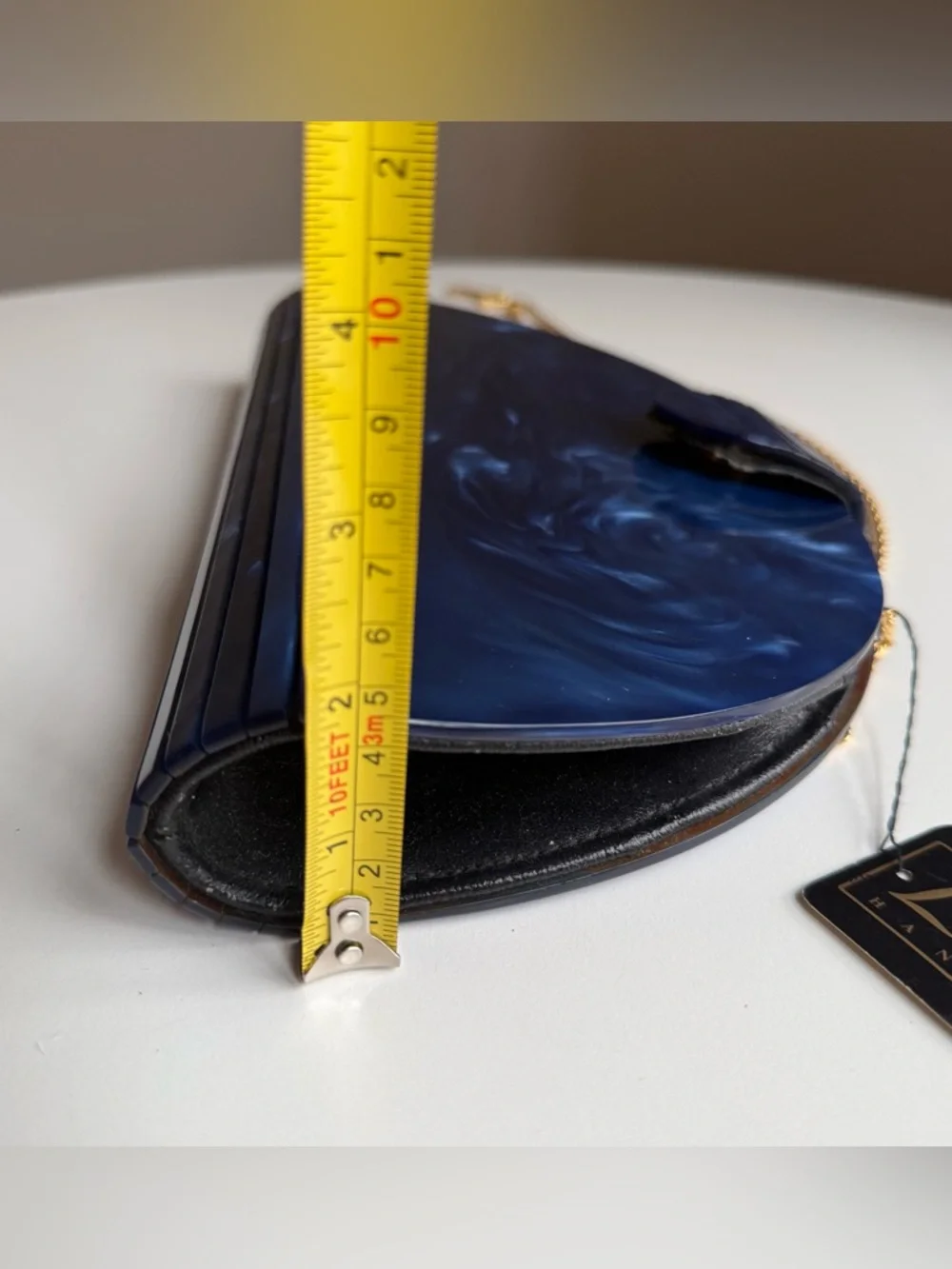 Vintage Lee Wee Hand Bag Unique Blue Marble Acrylic Half Moon Purse Gold Chain - Picture 15 of 16